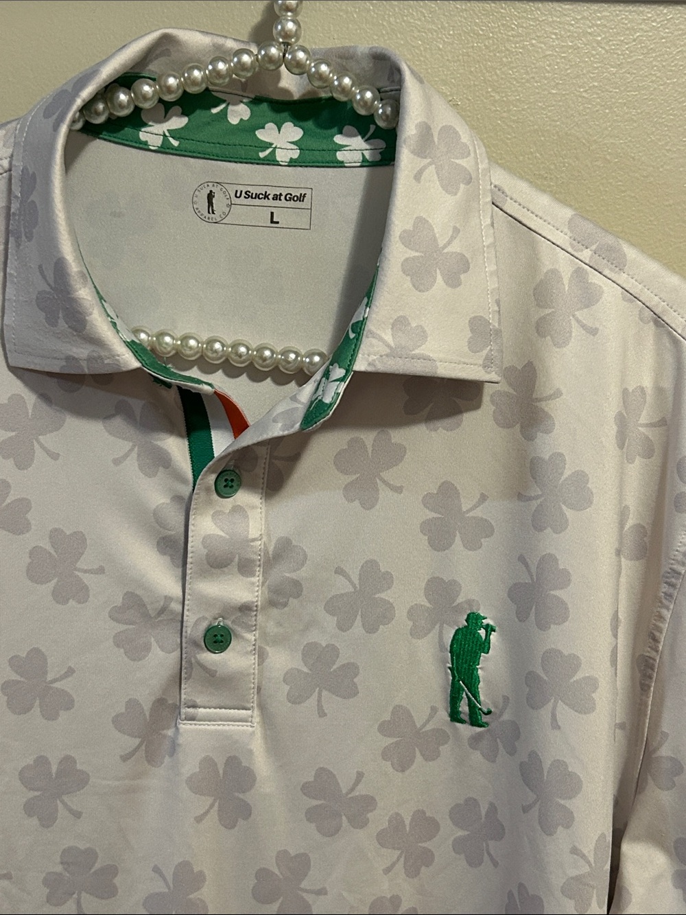 U Suck At Golf Men's Size L Fighting Irish Clover Shamrock Polo Shirt